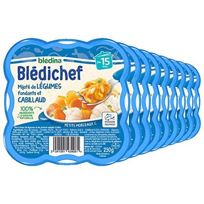 Blédina - Blédichef - Repas Bébé 15 Mois - 9 Plats Légumes Cabillaud - Petits Morceaux - 100% Ingrédients d'Origine Naturelle - Dès 15 Mois - 9 Assiettes de 250g