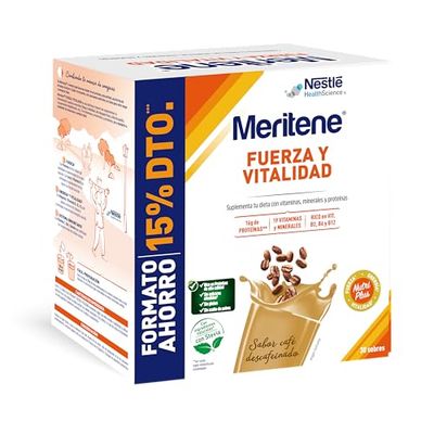 Meritene, Fuerza y Vitalidad, Batidos Sabor Café Descafeinado, Fuerza para tus Músculos, Vitalidad para ti, Nutrición para Adultos con Proteínas, Vitaminas y Minerales, 30 Sobres, 900 gr
