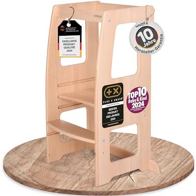 babybay inlärningstorn Littlefoot, maximal tippsäkerhet tack vare massivt bokträ, främjande av motorik, trippel höjdjusterbar, ergonomisk nybörjare, utskärning för kökshandtag, naturlackerad