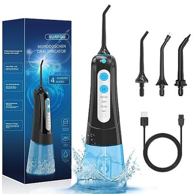 SURFOU Idropulsore Dentale Portatile 4 Modalità 3 Ugelli, 300 ml IPX7 Impermeabile USB Ricaricabile per Viaggi e uso Domestico