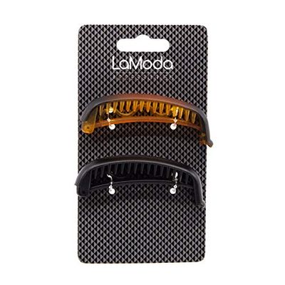 LaModa Hair Barrette 7cm, Matte Finish Tan/Gloss Finish Black Acrylic, Strong Moulded Plastic, Pack of 2