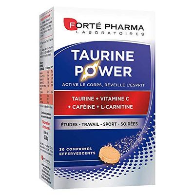 Forté Pharma - Taurine Power - Complément Alimentaire - Booster d'Énergie, Anti fatigue, Coup de boost - Caféine, Vitamine C, L carnitine, Magnesium - Goût Agrumes, 30 comprimés effervescents, 1/jour