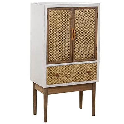 DRW Armario con 2 Puertas y 1 Cajón de Madera y Mimbre Simulado en Blanco y Natural 60x35x116cm