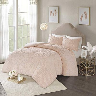 Madison Park Laetitia 100% Cotton Duvet Set-Chenille Tufted Medallion Design All Season Cozy Bedding Shabby Chic Comforter Cover, Matching Shams, King/Cal King(104"x92"), Floral Blush