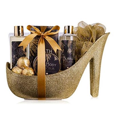 accentra Luxury Bath Set Gift Set w pięknych złotych brokatowych pompkach, 9-częściowy luksusowy zestaw pielęgnacyjny zestaw pod prysznic - dla relaksującego doświadczenia SPA