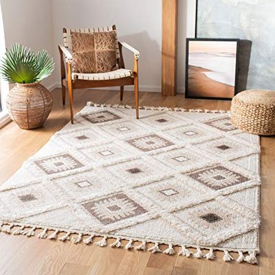 SAFAVIEH Shaggy MTS601 Tapis rectangulaire d'intérieur, tressé, Collection Shag Tassel Maroca, Blanc, Ivoire/Marron, 122 x 183 cm