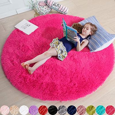 Alfombra Redonda de Pelo para Dormitorio, Alfombra Circular mullida de 120 x 120 cm, Bonita decoración para Dormitorio Infantil, de Adolescentes, Rosa