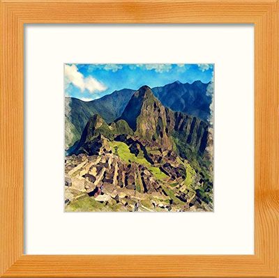 Lumartos, Machu Picchu Contemporary Home Decor Wall Art Watercolour Print, Pine Frame, 14 x 14 Inches