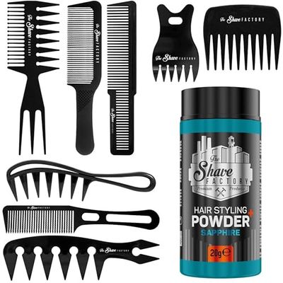 The Shave factory Hair Styling Powder - Mattifying and Volumizing Powder, with comb types suitable for all areas of use, hair comb and powder wax (Comb Set & Sapphire Styling Powder 20gr)