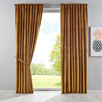 Gardinenbox assombrissement Milano Rideau en Velours Opaque avec Passants et Cordon de Serrage, Polyester, Moutarde, 2 Stück HxB 235x135 cm