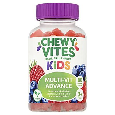Chewy Vites Kids Multivitamin Advance, 60 Kids Vitamins Gummies, 11 Essential Nutrients, 2 Months Supply, Real Fruit Juice, Vegan, Age 3 +, Blueberry and Raspberry Flavour