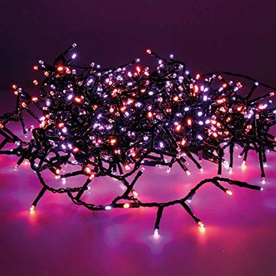 Guirlande LED extérieure clignotante dans des tons violets et oranges vibrants. Avec 750 LED et un câble noir de 21 m, elle est parfaite pour éclairer vos célébrations. Créez une atmosphère magique et