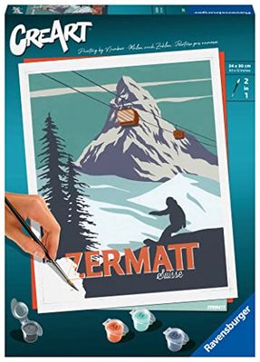 Ravensburger - CreArt Zermatt in Svizzera, Kit per Dipingere con i Numeri, Contiene Tavola Prestampata 24x30 cm, Pennello, Colori e Accessori, Gioco Creativo e Relax per Adulti 14+ Anni