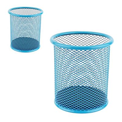 LEVIATAN - Pack of 2 - Metal Pen Holders | Round Wire Metal | Mesh Multifunctional Cup for Ballpoint Pen Diameter 91 mm Blue