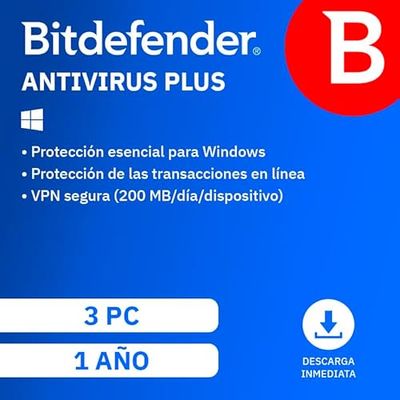 Bitdefender Antivirus Plus 2024 | 3 Dispositivos | 1 año| PC | Código de activación enviado por email
