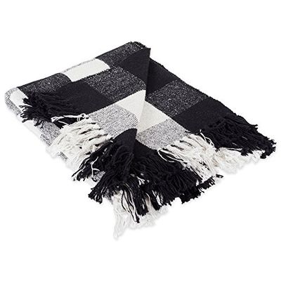 DII, Buffalo Check Collection, manta rústica com borlas, 127 x 152 cm, preto e branco