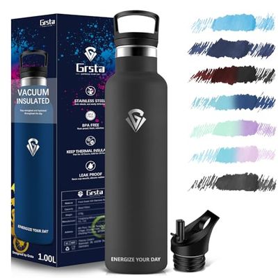 Grsta Borraccia Termica, Borraccia 1 litro, Borraccia con Cannuccia, Borraccia Palestra, Borraccia Acciaio Inox Senza BPA, Bottiglia Termica Senza Perdite, per Sport, Scuola, Yoga