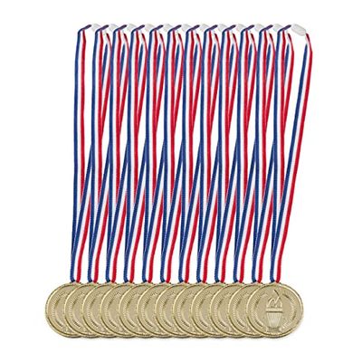 Relaxdays Medaglie d’Oro per Bambini in Set da 12, con Nastro, Fiaccola, Premio per Vincitori, 5 cm Ø, Plastica, Dorato, Poliestere