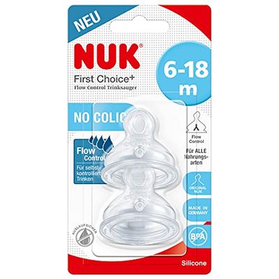 NUK First Choice+ Flow Control Drinkzuiger voor babyflessen, 6-18 maanden, anti-colic-ventiel, BPA-vrij, 2 stuks
