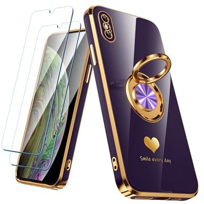 Nonional Custodia compatibile con iPhone X/XS con 2 pellicole proteggi schermo, supporto ad anello girevole a 360° [motivo a cuori di lusso] custodia morbida sottile placcata oro per iPhone X/XS