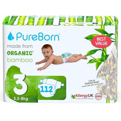 PureBorn Eco Organic Bambusowe pieluchy, Rozmiar 3 (5,5-8 kg), 112 sztuki, Hipoalergiczne, Ultra miękkie, Ekologiczne, Różne Nadruki, Wskaźnik Wilgotności