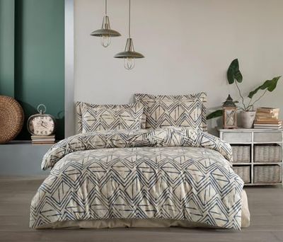 Nuit Des Rêves Ranforce King Quilt Cover Set (200 x 220 cm), 100% cotone, beige e blu, 2 custodie (80 x 80 cm), lavabili in lavatrice, design elegante con chiusura a bottone