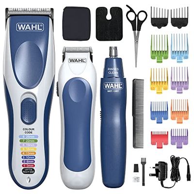 Wahl Colour Pro Cordless 3-in-1 Hair Cutting Kit, Rechargeable Hair Clipper, Battery Powered Trimmer & Ear/Nose Hair Removal, Suitable for Families, Colour Coded for Easy Home Hair Cuts
