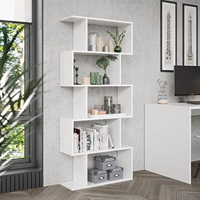 RICOO Stående hylla WM073-WM, kontorshylla 160 × 70 × 25 cm, smal bokhylla, rumsavdelare hylla vit matt för vardagsrum, kontor eller hall, modern trähylla för förvaring, vägghylla av trä