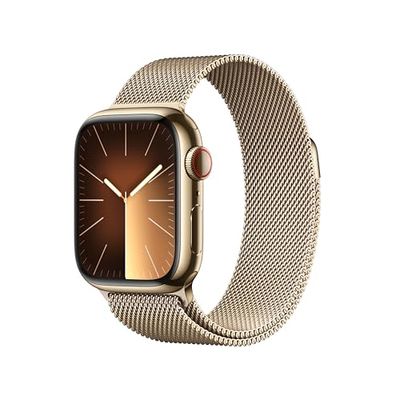 Apple Watch Series 9 [GPS + Cellular 41 mm] med boett i rostfri stålboett guld och Milanesisk loop i guld. Träningsmätare, apparna Syrenivå i blodet och EKG, koldioxidneutral