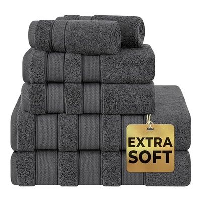 American Soft Linen Lot de 6 Serviettes de Bain, Collection Salem, 100% Coton peigné Turc, Douces et absorbantes, 2 Serviettes de Bain, 2 essuie-Mains, 2 débarbouillettes, pour Salle de Bain, Gris
