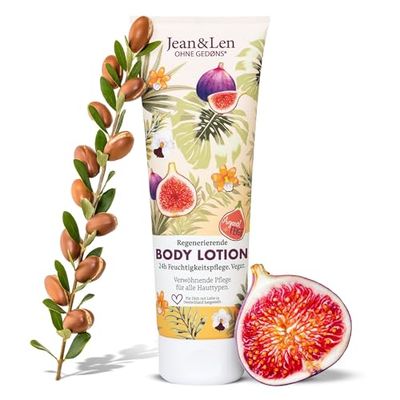 Jean & Len lozione corpo di Argan e Fico, per tutti i tipi di pelle, texture leggera, si assorbe rapidamente, coccolante profumo orientale di fico, senza parabeni e siliconi, vegana, 250 ml