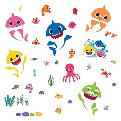 RoomMates RMK4303SCS Baby Shark Peel and Stick Calcomanías de pared, pequeño, azul, rosa, amarillo