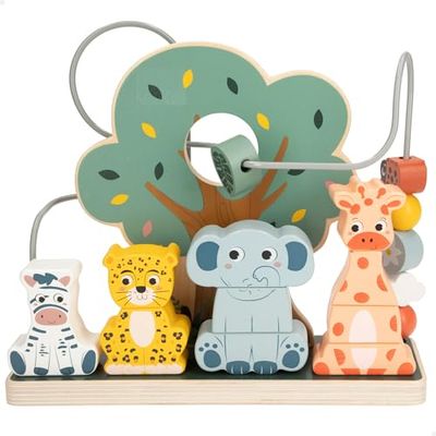 WOOMAX - Laberinto de Madera y apilamiento Animales, Ábaco, Zookabee, Selva, Juguetes niños 2 años, Torre de Aprendizaje, Regalos Originales bebés 1 año, Juego apilar, Motricidad Fina, FSC (47577)
