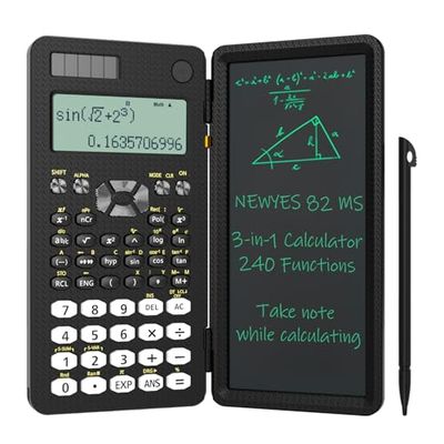 NEWYES 82MS Calcolatrice Scientifica, con Tavoletta per Scrivere, Custodia Protettiva Pieghevole, 240 Funzioni per Studenti Delle Scuole Superiori, Nera