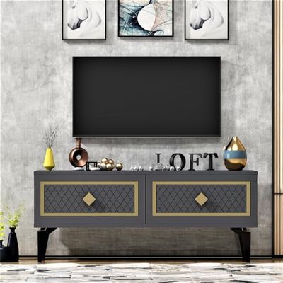 Hanah Home Stijlvolle tv-standaard, antraciet en goud, 120 x 49 x 29,6 cm, 100% melamine gecoat partielbord, 18 mm dik, modern design voor woonkamer en entertainmentruimtes
