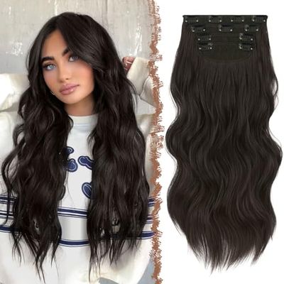 FESHFEN Lot de 4 extensions de cheveux à clip, 50 cm, tête complète, avec clips, synthétiques, ondulées, pour femme, 180 g, noir marron