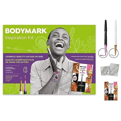 KIT BodyMark by BIC INSPIRATION - Marcadores para Tatuajes Temporales, calidad cosmética, para uso en la piel - 6 Marcadores, 4 de Pincel y 2 con Punta Fina, 9 Láminas de Plantillas y Libro de Bocetos