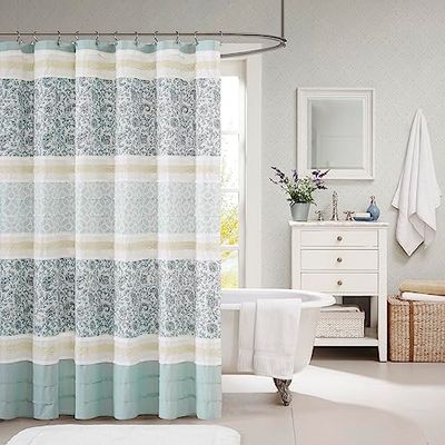 Madison Park Dawn Modern Cotton Fabric Shower Curtain, Cottage/Country Print Design Shower Curtains for Bathroom, 72 X 72, Blue