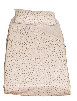 Ti TIN, platt ark (80 x 130), örngott (28 x 50 cm) och påslakan (80 x 50 cm) tryckt för barn | mjukt, bekvämt och allergivänligt set - 100% bomull - stjärnmönster - vit och grå färg