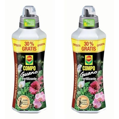 COMPO Fertilizante con guano para plantas de interior, balcón y terraza, Fertilizante líquido, 1 L más 30% adicional (Paquete de 2)