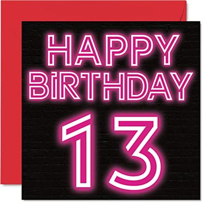 Leuke 13e verjaardagskaarten voor jongens en meisjes - Neon Glow - Happy Birthday-kaart voor zoon dochter broer zus kleinzoon kleindochter nichtje neef, 145 mm wenskaarten, 13e kaart