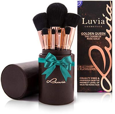 Luvia Cosmetics - Conjunto de pincéis Golden Queen - conjunto de pincéis cosméticos de 16 peças - suporte de pincéis de maquilhagem incluído para a conservação de pincéis de maquilhagem veganos.