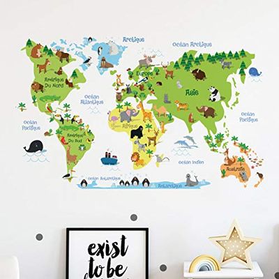 Stickers voor kinderen | Muurstickers wereldkaart - wanddecoratie kinderkamer | 60 x 95 cm