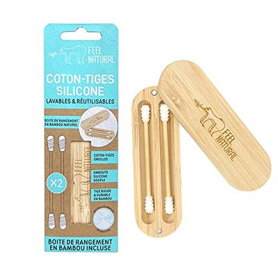 Wattenstaafjes van silicone, wasbaar en herbruikbaar, opbergdoos van bamboe