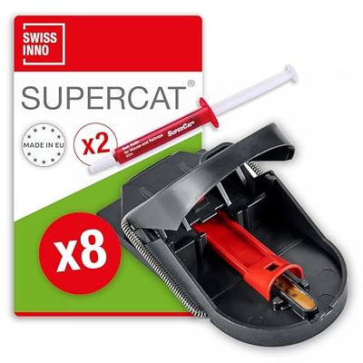 SWISSINNO Trappola per Topi PRO SuperCat | No colpi a vuoto | Efficiente + Riutilizzabile con esca al burro di arachidi | Cattura istantanea | 8 Trappole + 2 Siringhe di Esche