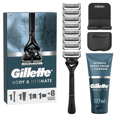 Gillette Intimate Da Uomo, Manico Rasoio, 8 Ricariche, Crema Da Rasatura+Detergente 2In 1