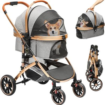 YITAHOME Hondenwagen, 3-in-1 hondenbuggy tot 20 kg, inklapbaar, hondenbuggy voor kleine honden, hondenbuggy, kattenwagen, opvouwbare hond, kinderwagen, draagbare kinderwagen (grijs)