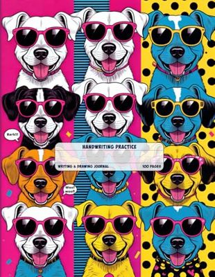 Pop Art Puppy Party Handwriting & Creativity Journal: Dotted Midline with Picture Space | Grades K-2 | 100 Pages for Writing and Drawing | Colorful Sunglasses Dogs Pattern for Kids