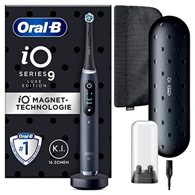 Oral-B iO Series 9 Luxe Edition Brosse à Dents Électrique Toothbrush 7 Modes de Nettoyage Dentaire, Technologie Magnétique & Analyse 3D, Écran Couleur, Étui de Transport & Sac de Beauté, Noir Onyx