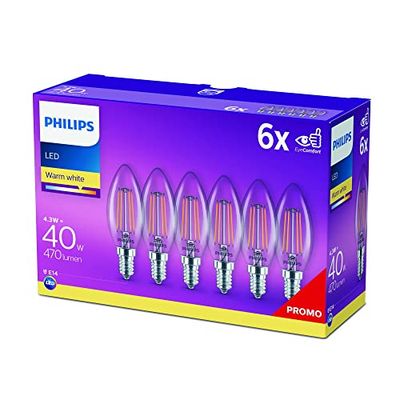 Philips LED Classic Lâmpada E14, 4 W, branco quente, pack 6 un (classe de eficiência energética F]
